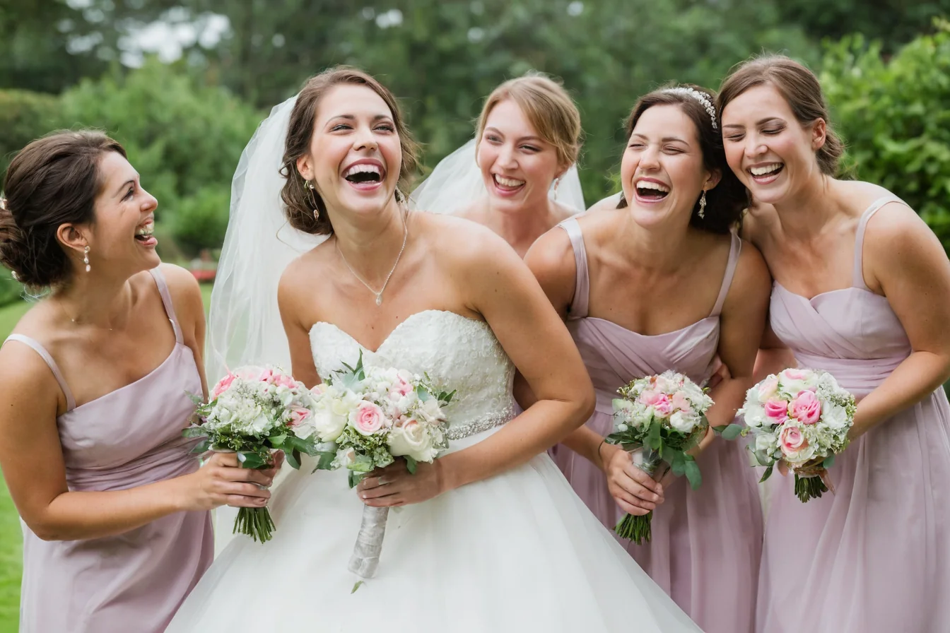 A bride and four bridesmaids laughing together in wedding attire outdoors.