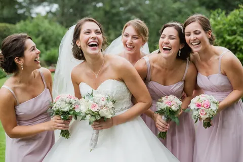 A bride and four bridesmaids laughing together in wedding attire outdoors.