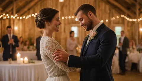 A bride and groom dancing at their wedding in a rustic barn with string lights and candles.