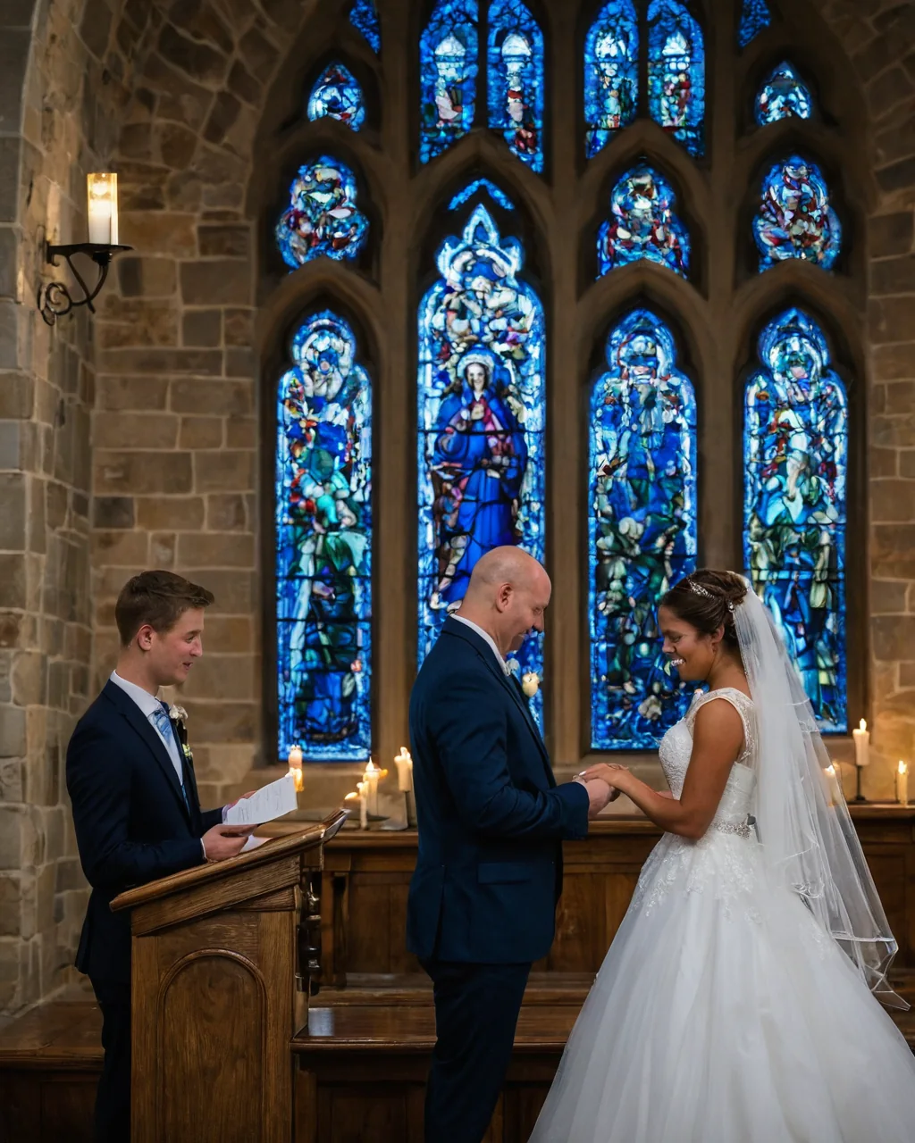A bride and groom holding hands during a church wedding under stained glass windows.