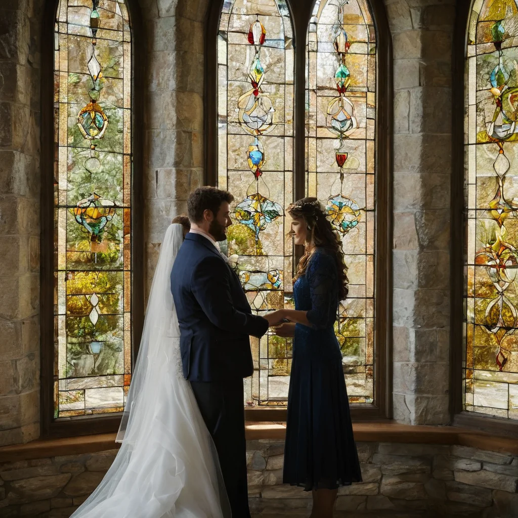 A bride and groom holding hands during a wedding ceremony in a stone church with stained glass windows.