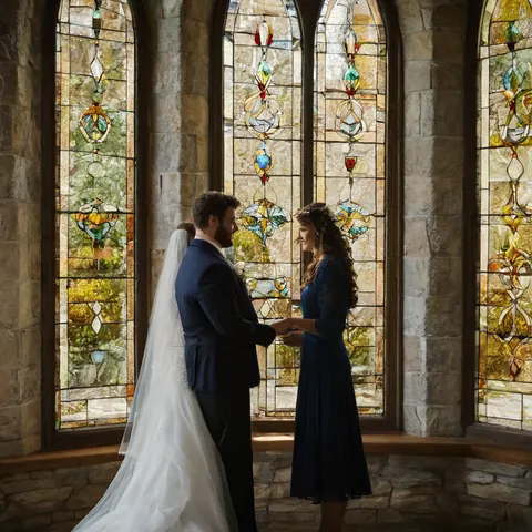 A bride and groom holding hands during a wedding ceremony in a stone church with stained glass windows.