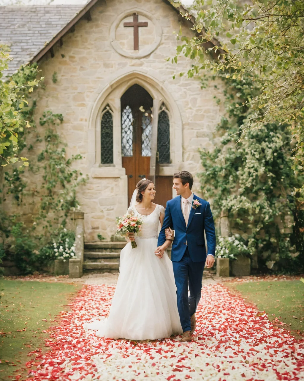 A bride and groom walk down a rose petal path toward a stone church.