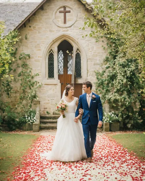 A bride and groom walk down a rose petal path toward a stone church.