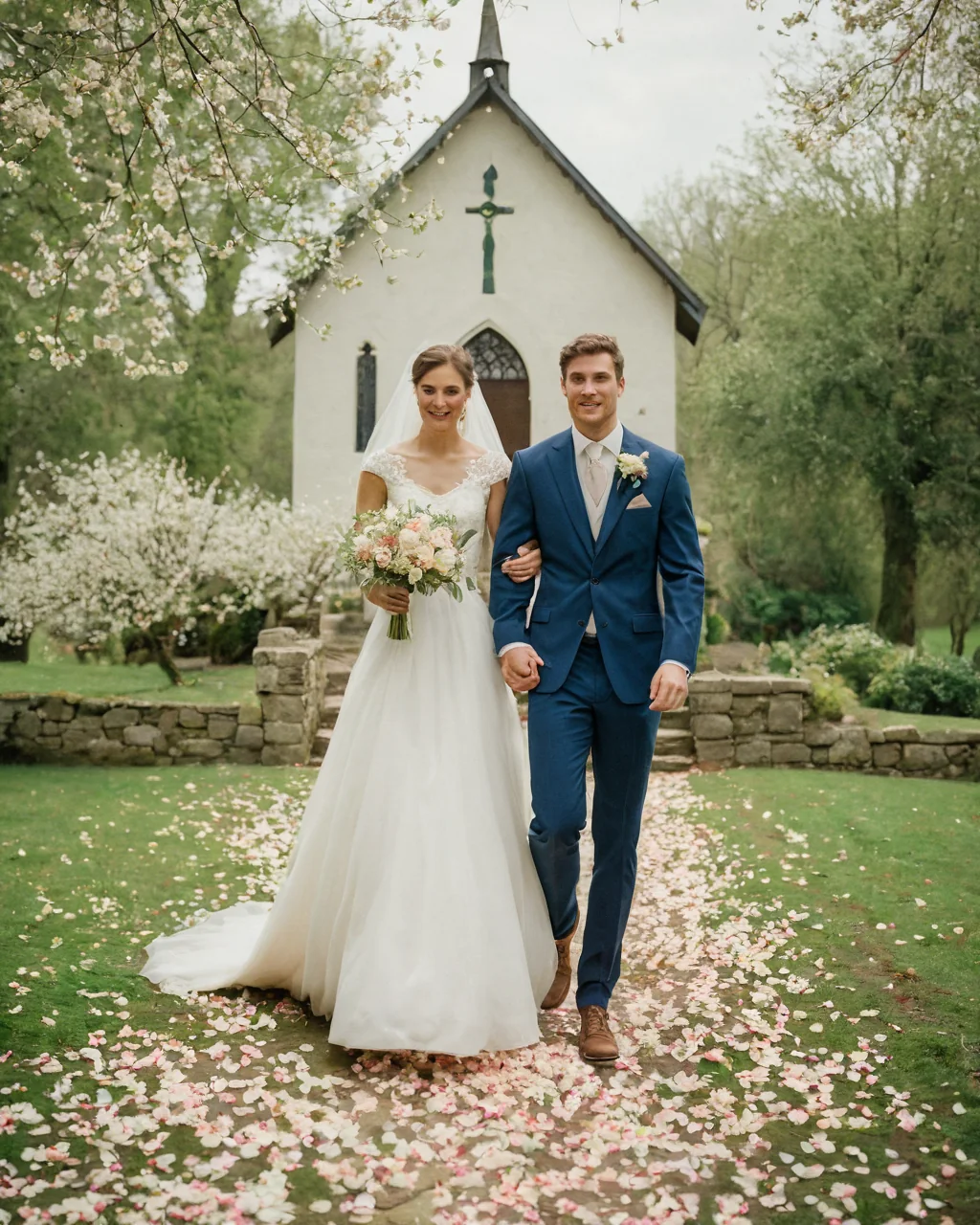 A bride and groom walk hand in hand on a petal-covered path toward a chapel in a spring garden.