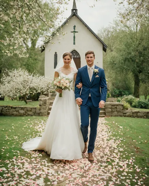 A bride and groom walk hand in hand on a petal-covered path toward a chapel in a spring garden.
