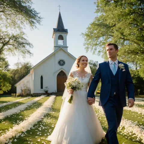 A bride and groom walk toward a church on a petal-lined path in a sunny garden.