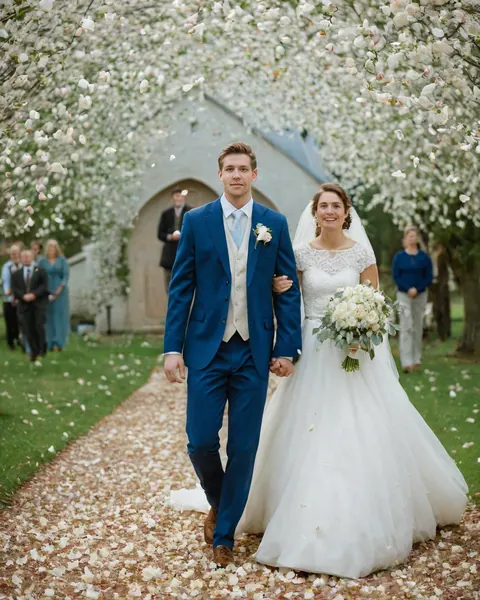 A bride and groom walking down a flower-covered path under blooming trees during a wedding ceremony.