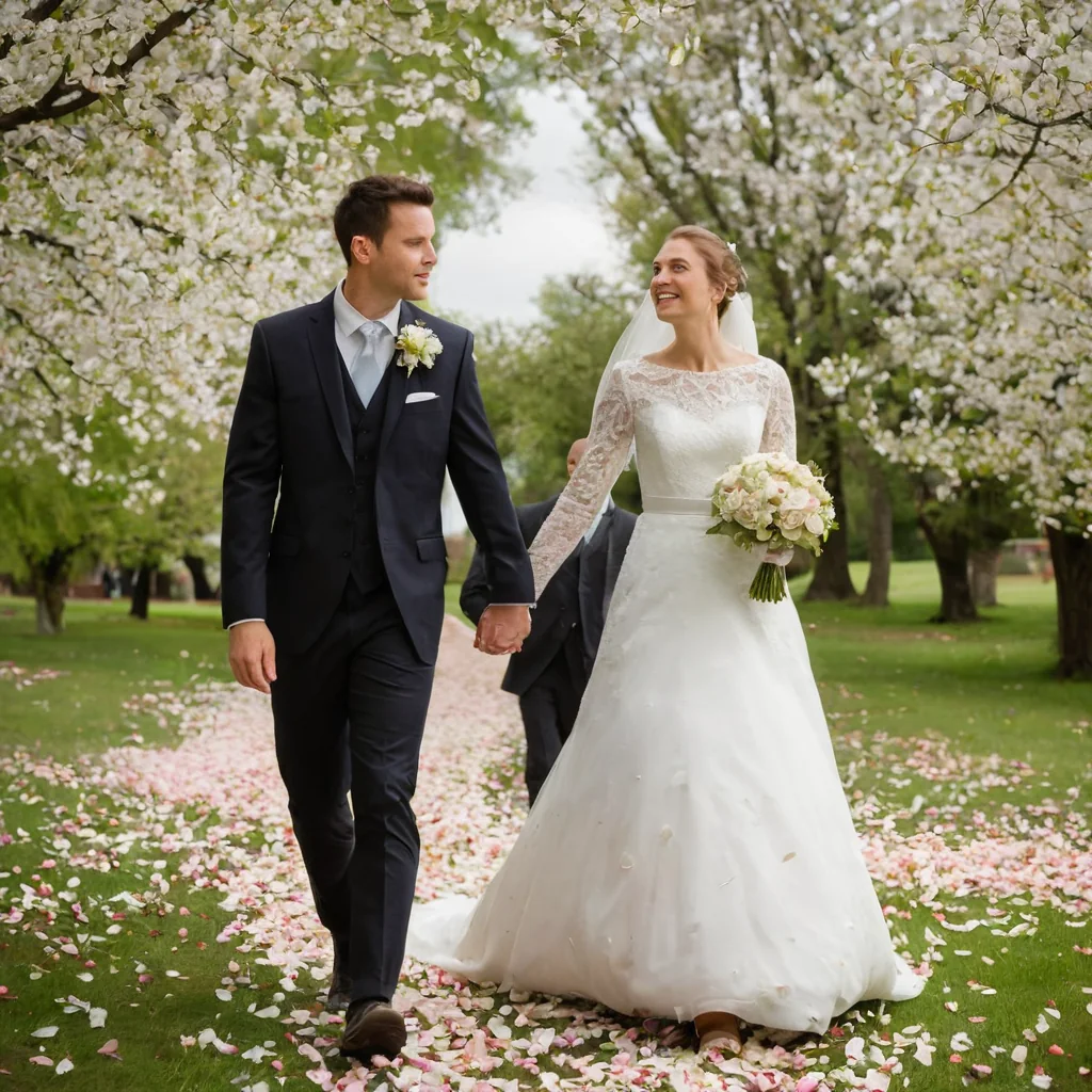 A bride and groom walking hand in hand under cherry blossom trees with petals on the grass.