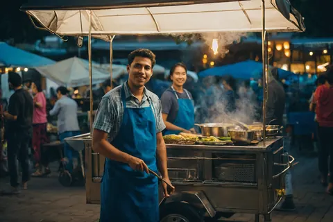 A cheerful street food vendor in blue apron serves food at a night market cart with steam rising.