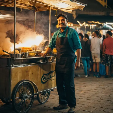 A cheerful street food vendor stands beside his steaming cart in a busy night market.