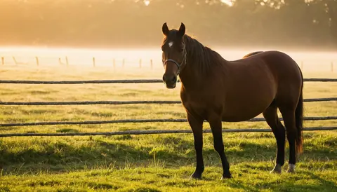 A chestnut horse stands in a grassy field behind a wooden fence during a misty sunrise.