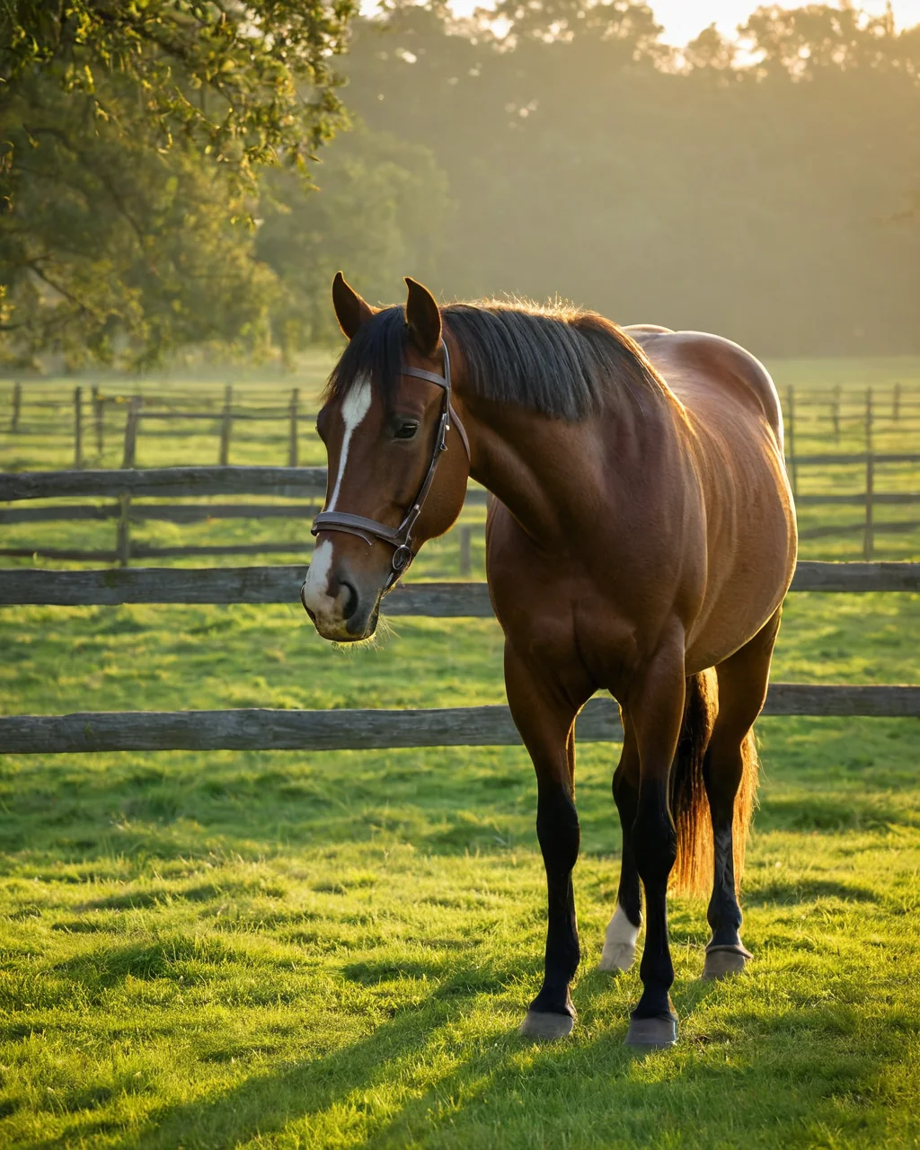 A chestnut horse with a white blaze stands calmly in a sunlit pasture behind a wooden fence.