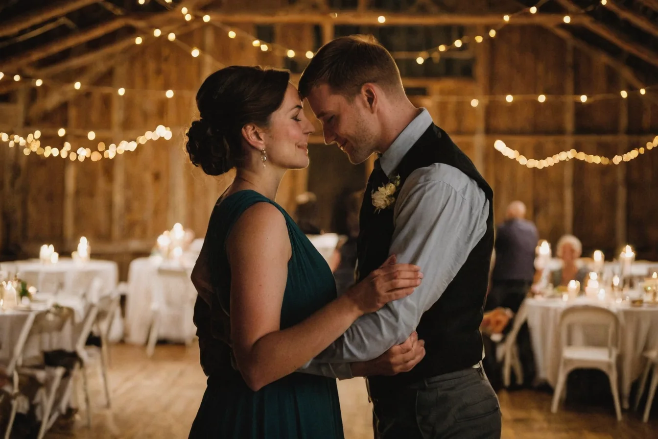 A couple dancing closely in a barn wedding with string lights and candlelit tables.