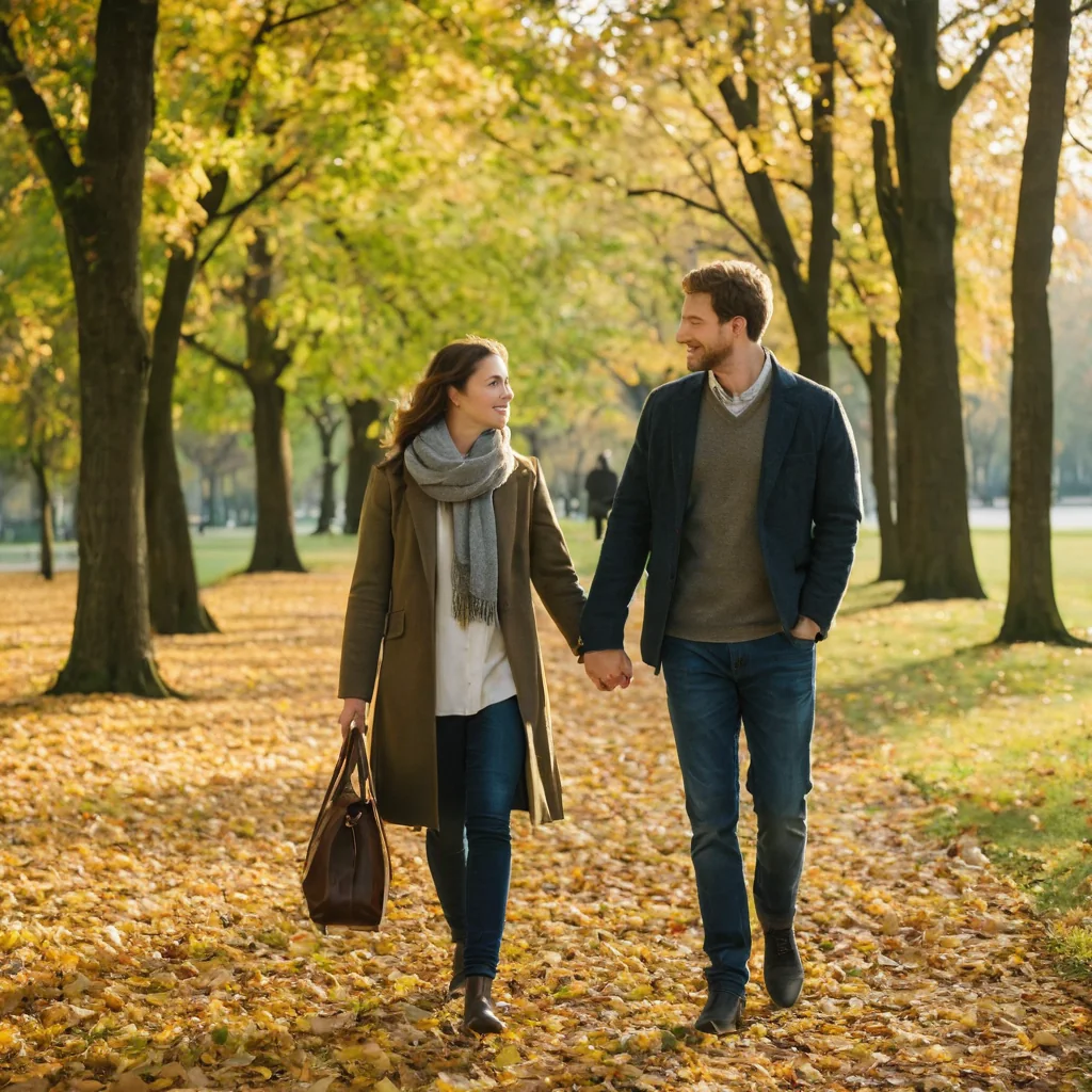 A couple holding hands and walking through a park covered in autumn leaves.