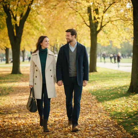 A couple walks hand in hand through a park covered in autumn leaves under golden trees.