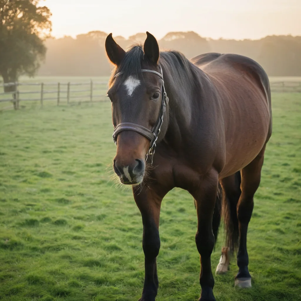 A dark brown horse with a white star on its forehead stands in a green pasture at sunset.