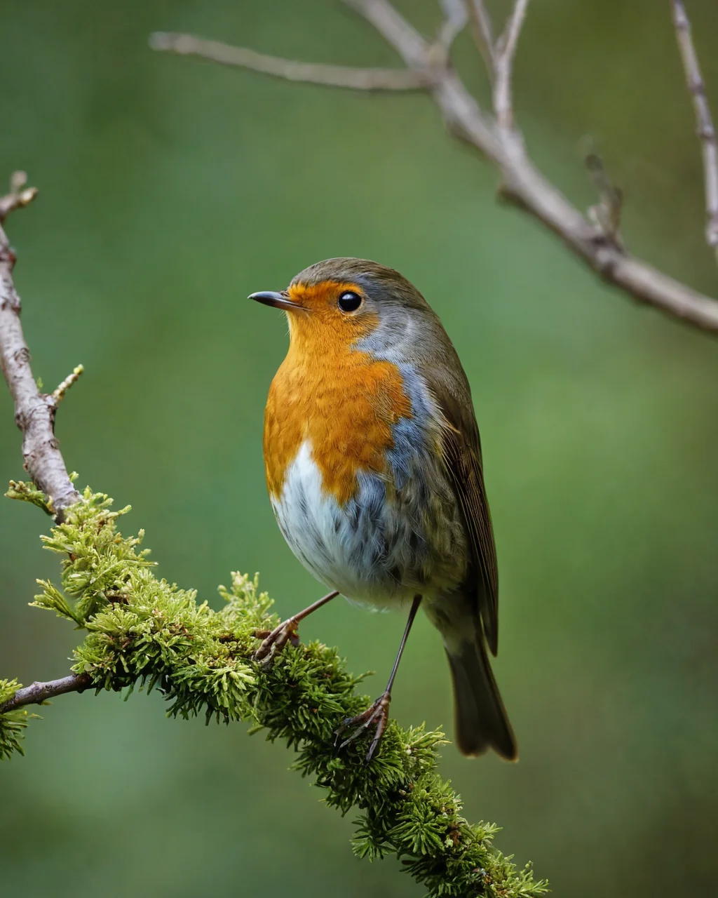 A European robin perched on a mossy branch in a forest.