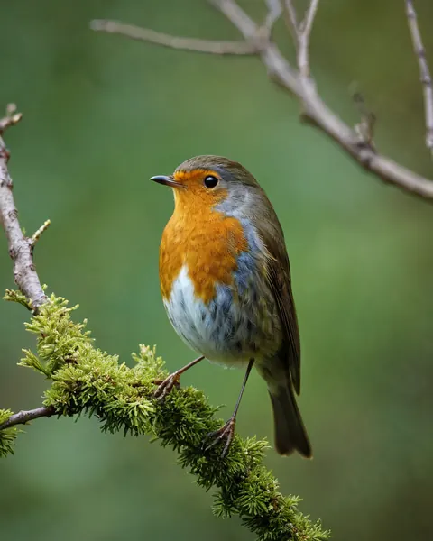 A European robin perched on a mossy branch in a forest.