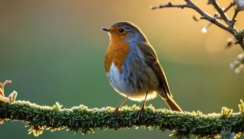 A European robin perched on a mossy branch in soft morning light.