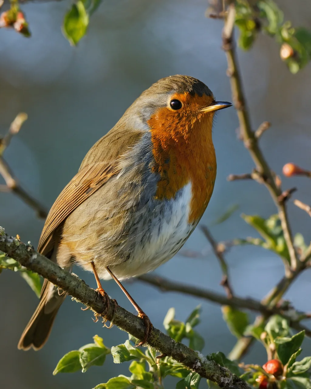 A European robin perched on a mossy branch with green leaves and red berries