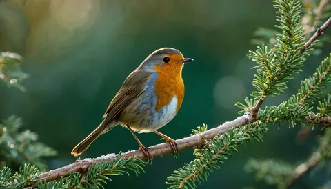 A European robin perches on a frost-dusted pine branch against a soft green bokeh background.