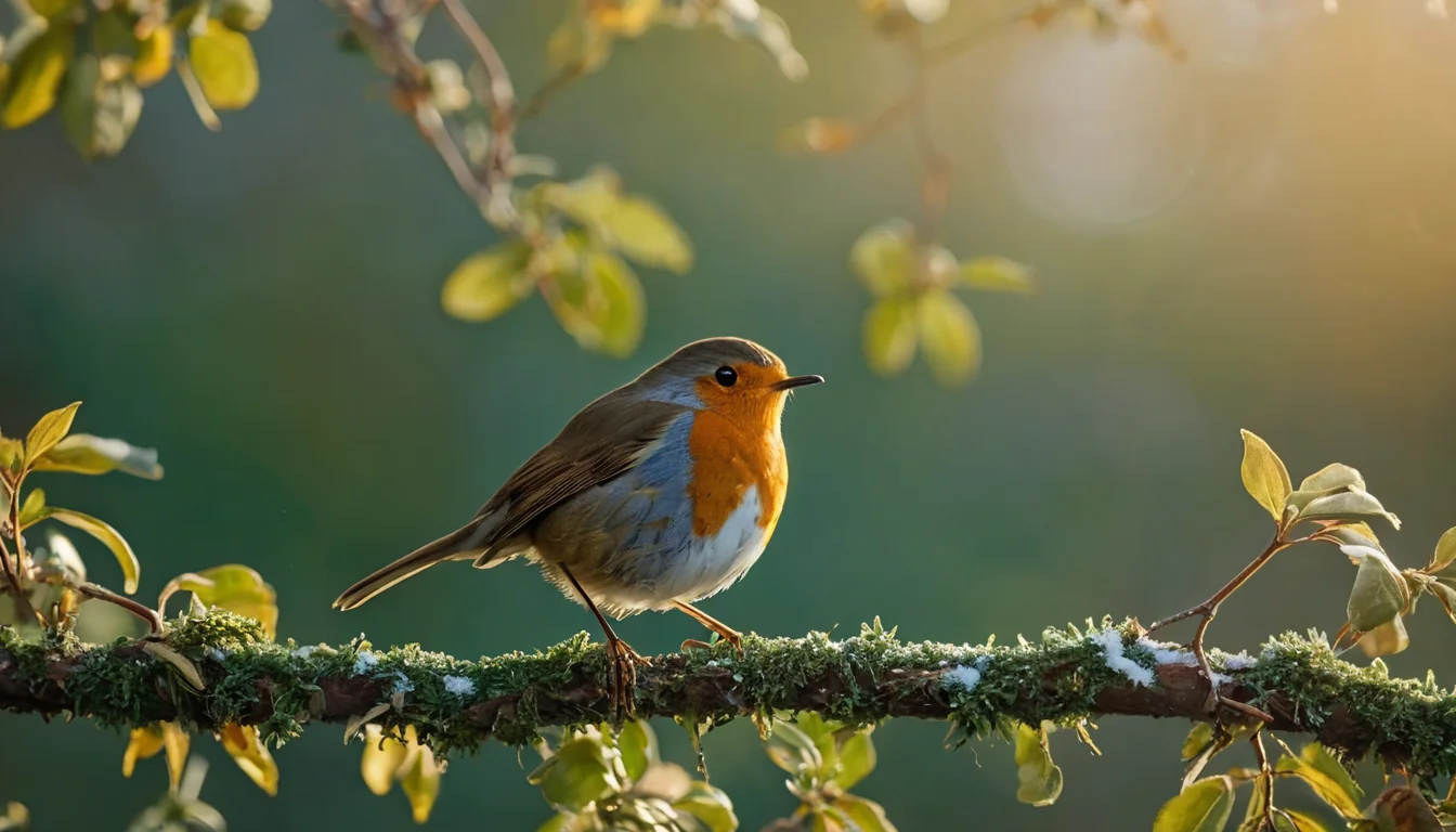 A European robin perches on a mossy branch dusted with snow as golden sunlight filters through blurred green leaves.