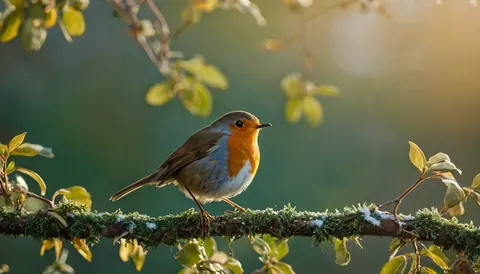 A European robin perches on a mossy branch dusted with snow as golden sunlight filters through blurred green leaves.