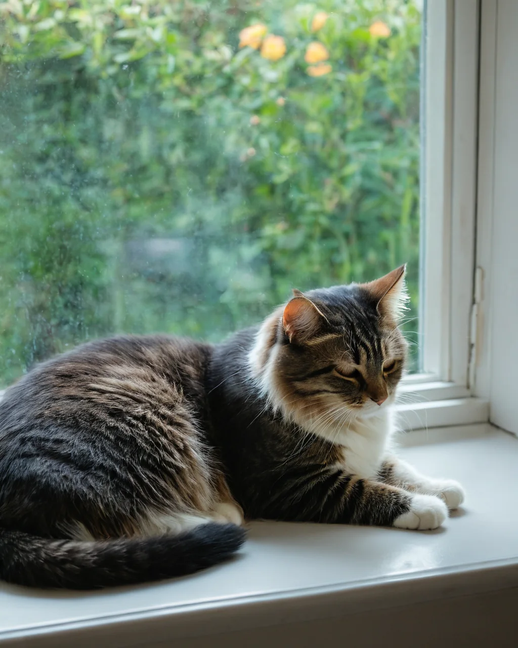 A fluffy tabby cat with white paws sits calmly on a white windowsill looking outside.