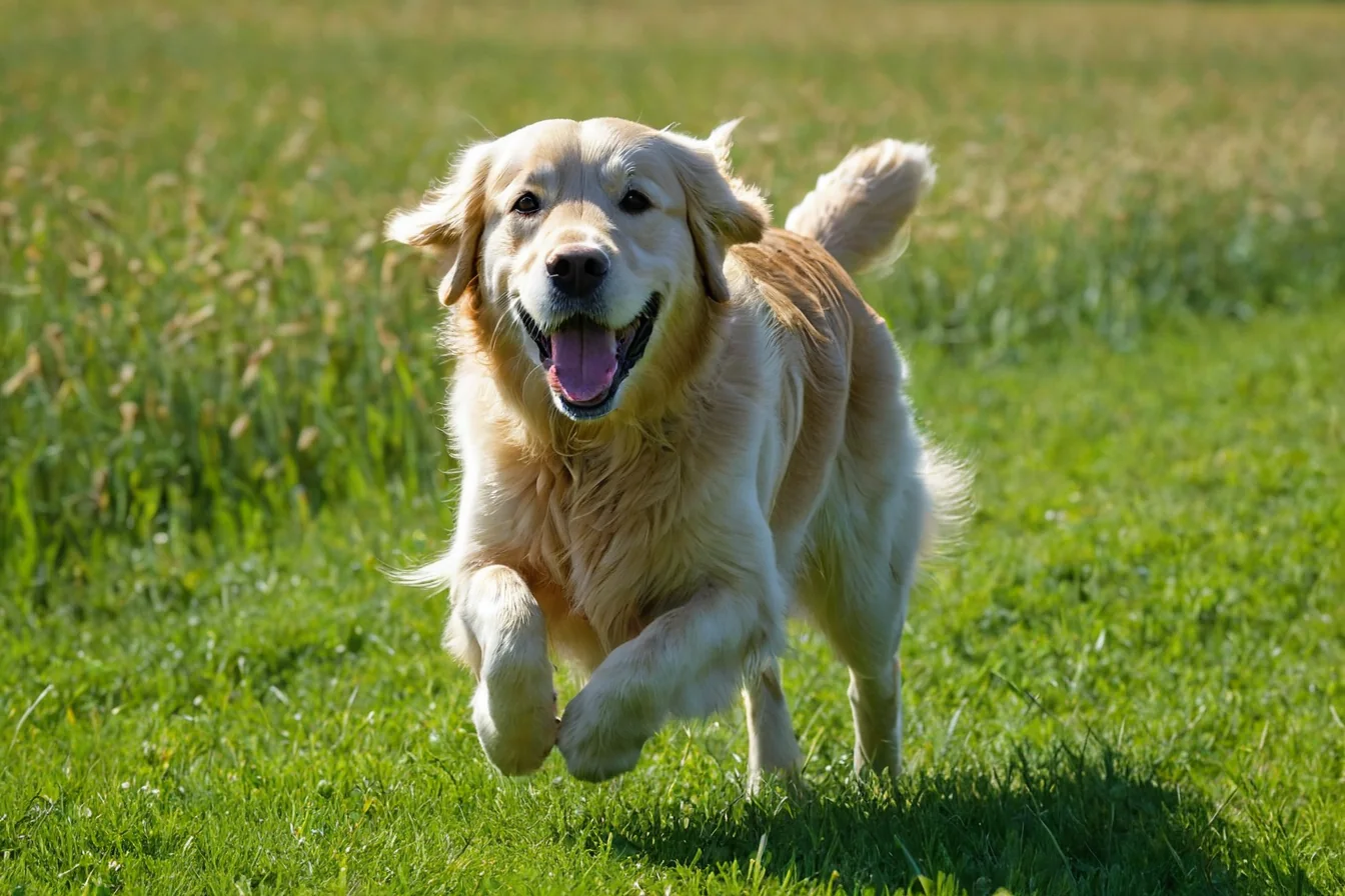 A golden retriever running happily on green grass in bright sunlight.