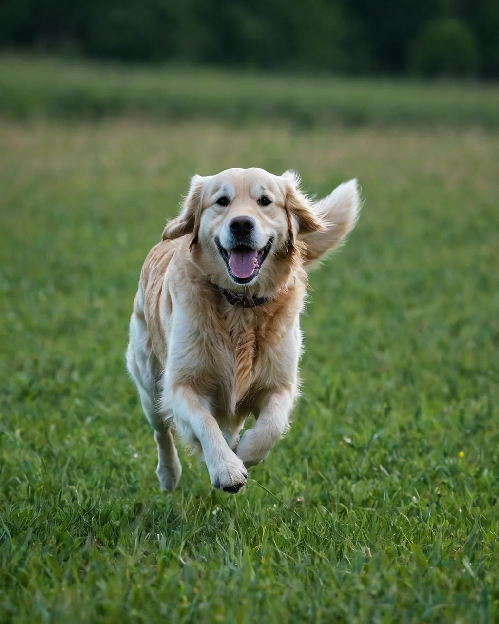 A golden retriever running through a grassy field with its tongue out