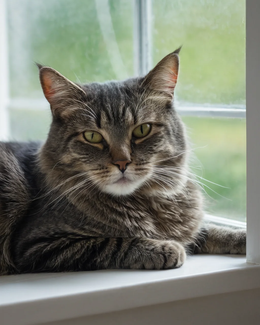 A gray tabby cat with green eyes resting on a white windowsill.