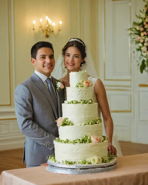 A happy bride and groom pose behind their wedding cake in a formal setting.