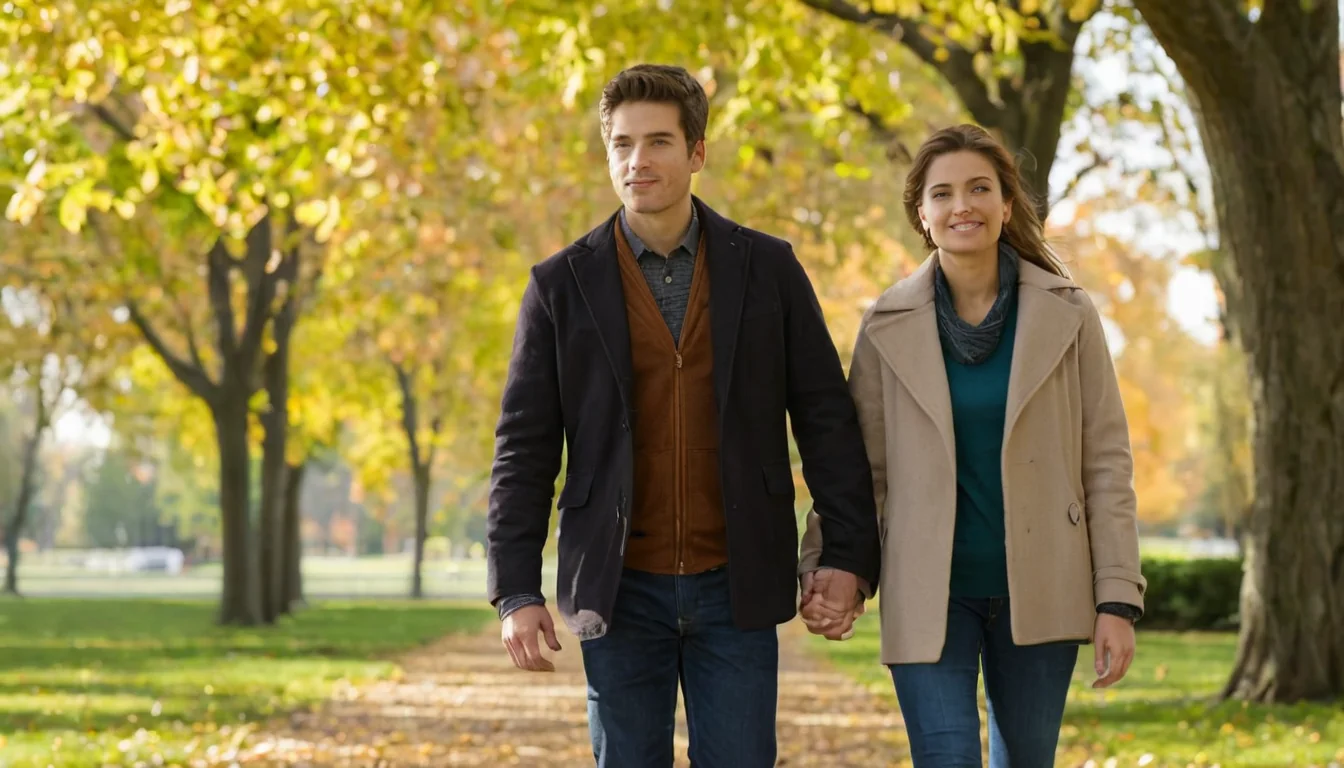 A happy couple holding hands while walking through an autumn park with golden leaves.