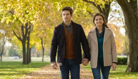 A happy couple holding hands while walking through an autumn park with golden leaves.