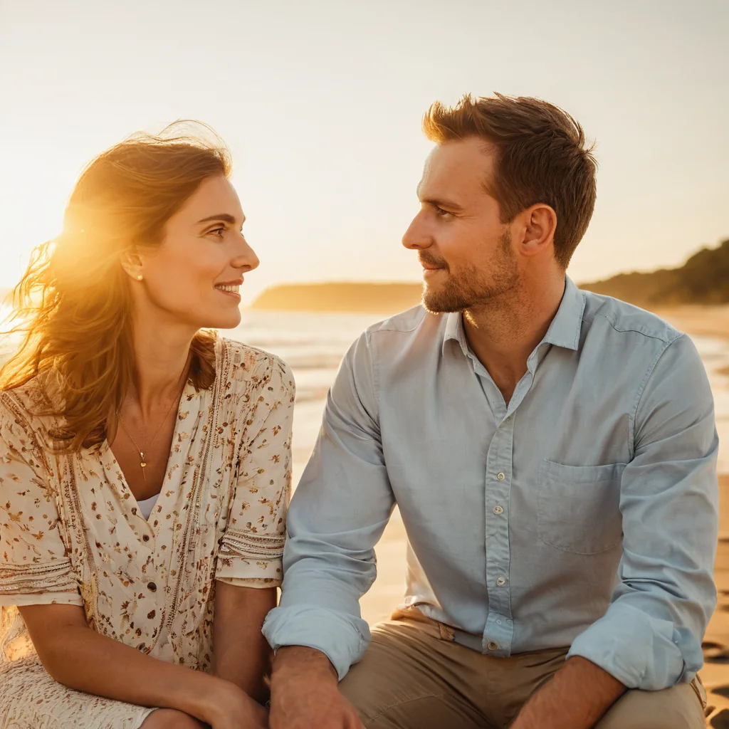 A happy couple sitting on a beach at sunset smiling and looking at each other