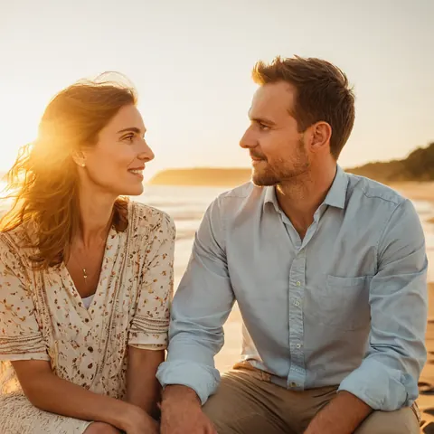 A happy couple sitting on a beach at sunset smiling and looking at each other