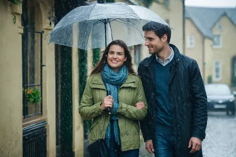 A happy couple walking in the rain under an umbrella on a city street.
