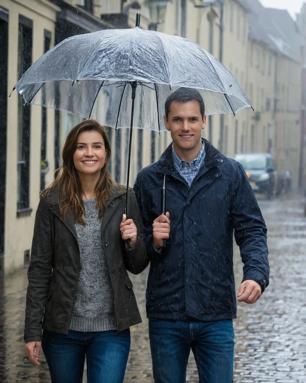 A happy couple walking in the rain under an umbrella on a cobblestone street.