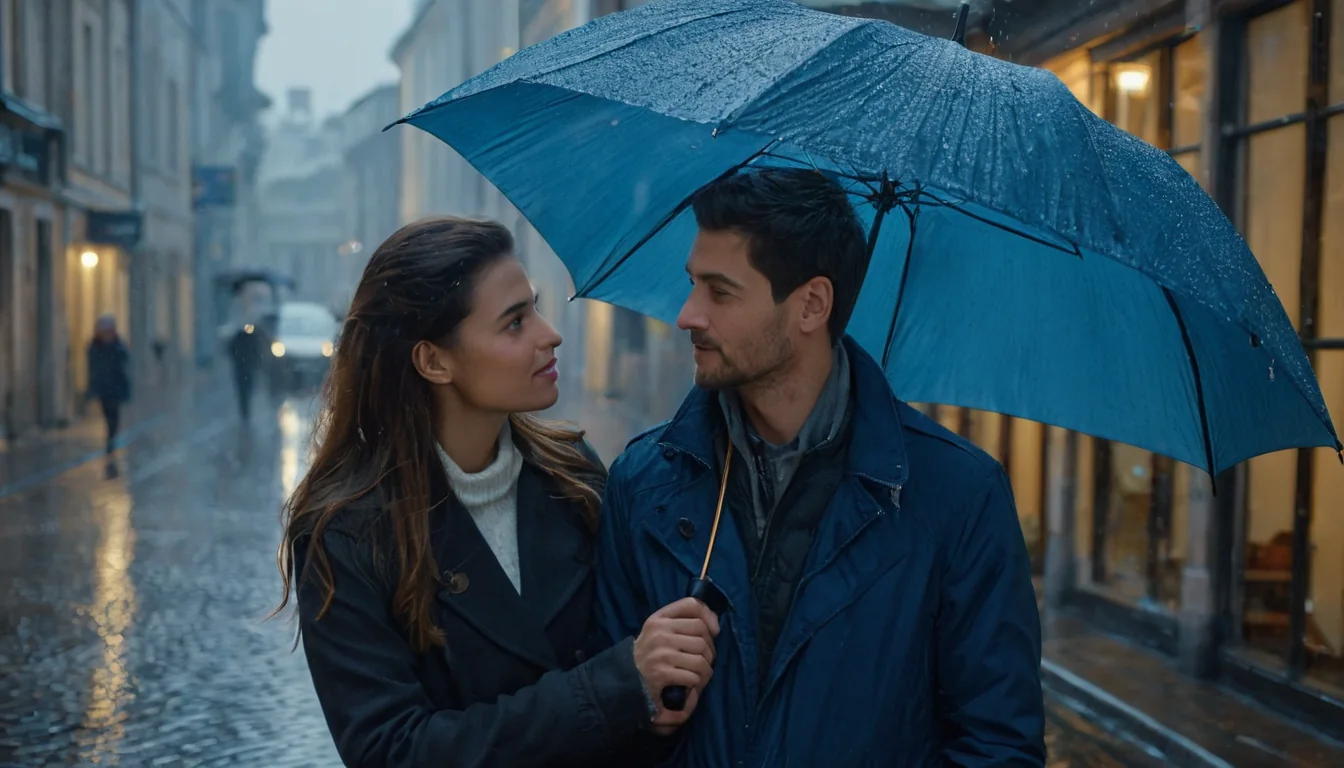 A man and woman gaze at each other under a blue umbrella on a rainy city street.