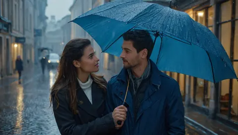 A man and woman gaze at each other under a blue umbrella on a rainy city street.