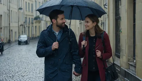 A man and woman holding hands and sharing an umbrella while walking down a rainy cobblestone street.