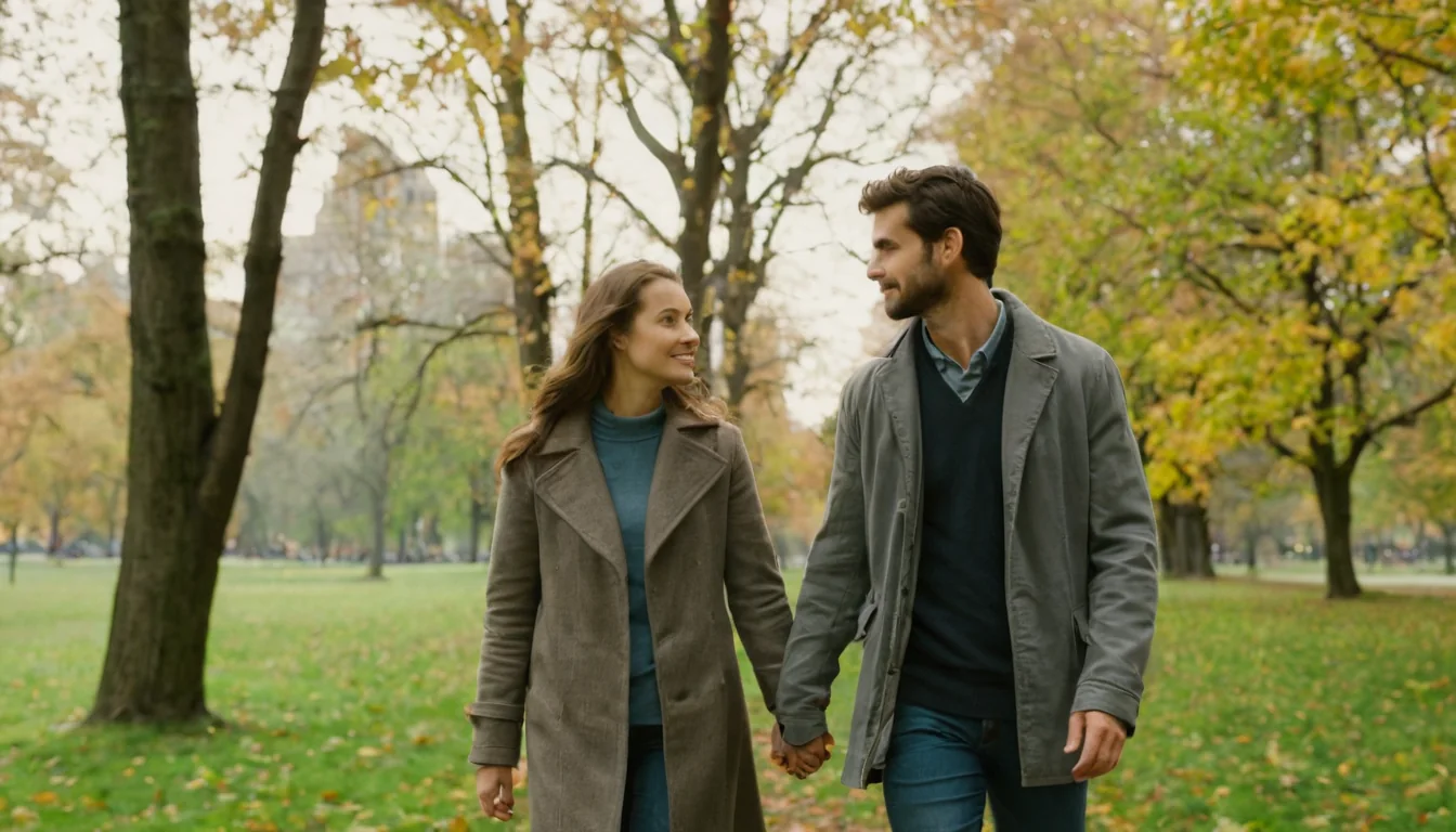 A man and woman holding hands and smiling while walking in an autumn park.