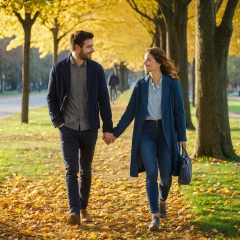 A man and woman holding hands and walking through a park covered in golden autumn leaves.