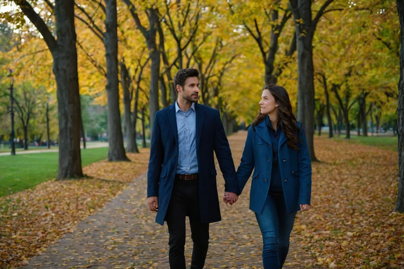 A man and woman holding hands while walking on a leaf-covered path in autumn.