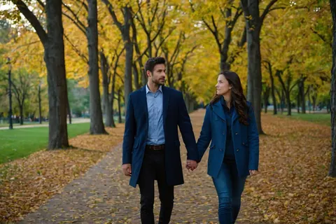 A man and woman holding hands while walking on a leaf-covered path in autumn.