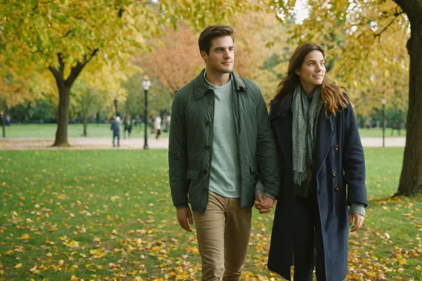 A man and woman holding hands while walking through a grassy park with fallen leaves.