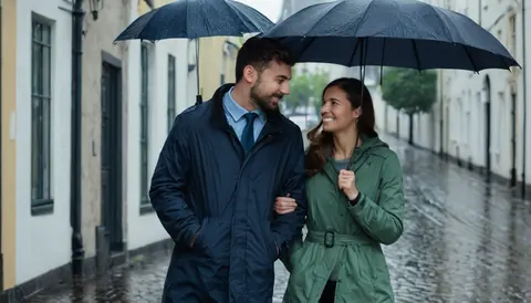 A man and woman in raincoats walk together under umbrellas on a wet city street.