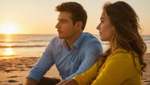 A man and woman sitting together on a beach watching the sunset over the ocean.