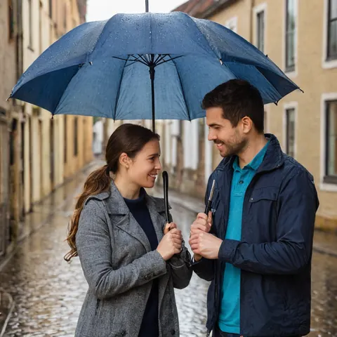 A man and woman smile while sharing a blue umbrella on a rainy cobblestone street.